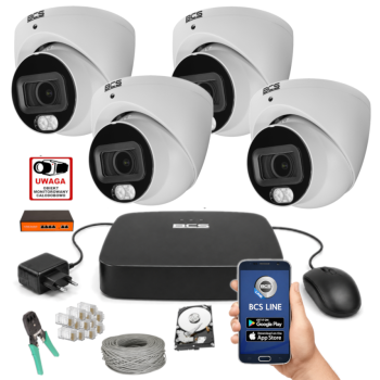ZESTAW MONITORINGU IP BCS 4MPx – 4 Kamery Kopułkowe, Dysk 1TB, Switch PoE, Zdalny Dostęp, Akcesoria